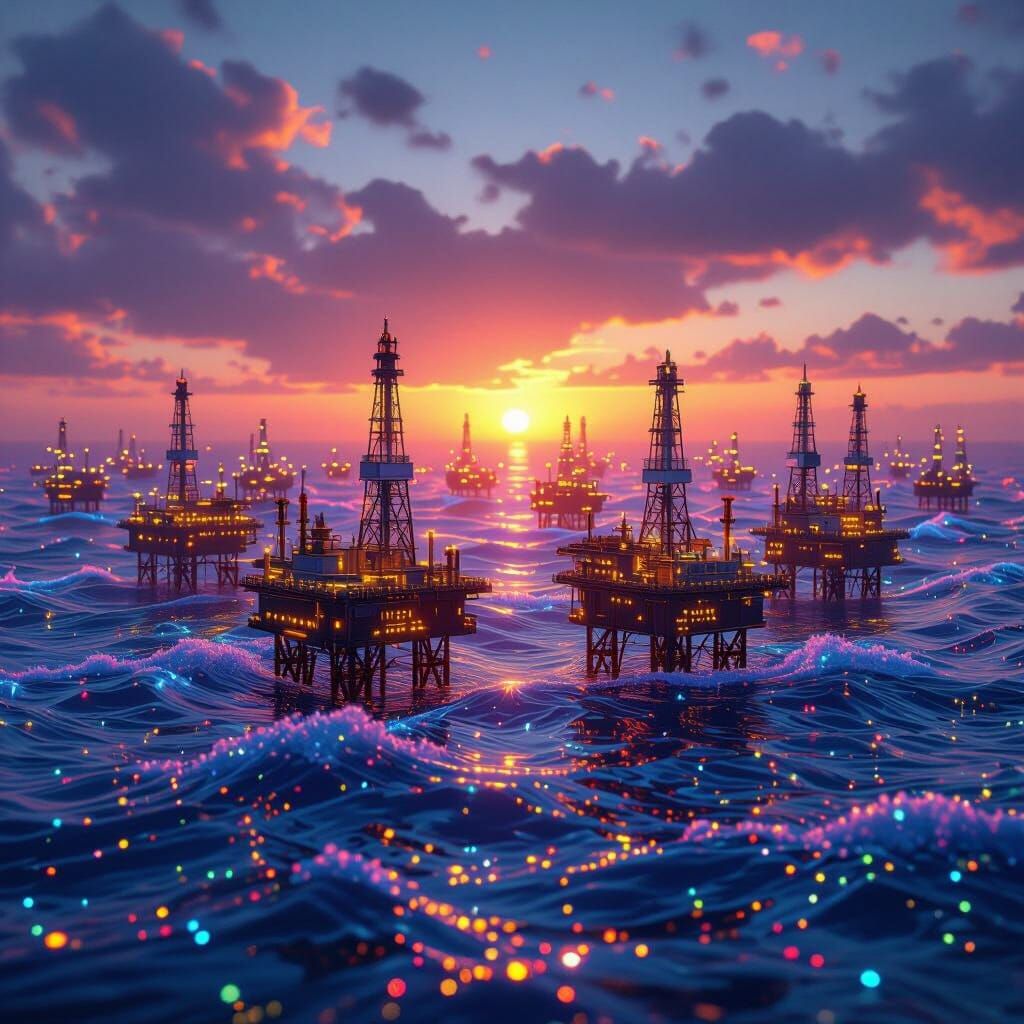 Futuristic Ocean Sunset with Miniature City Platforms