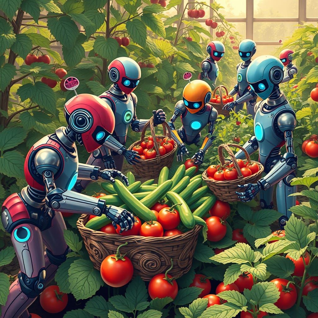 Sleek Robots Harvest Vibrant Futuristic Garden