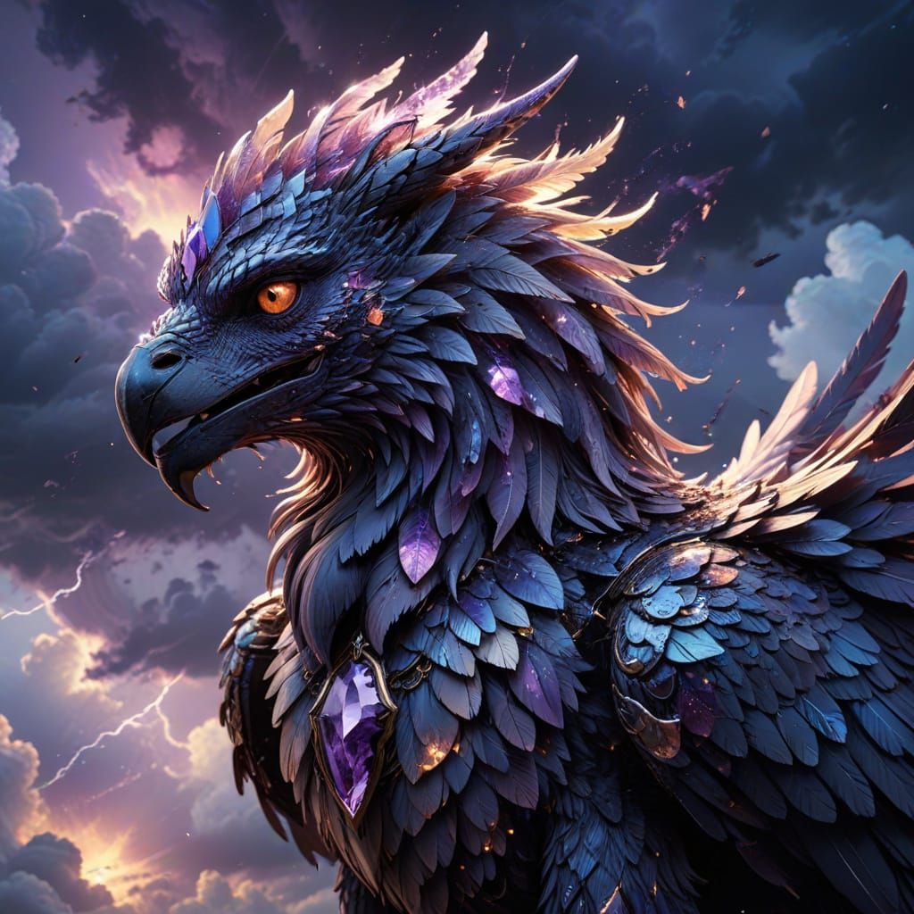 Amethyst Griffin Portrait with Digital Glitches in Anime Sty...