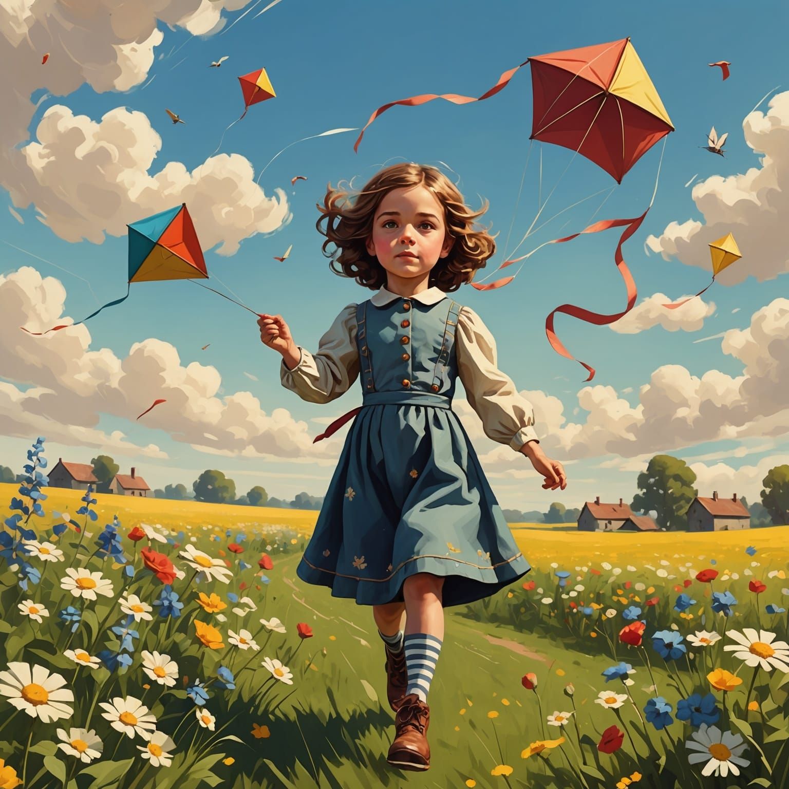 Girl with Kite in Flower Field: Pastoral Style