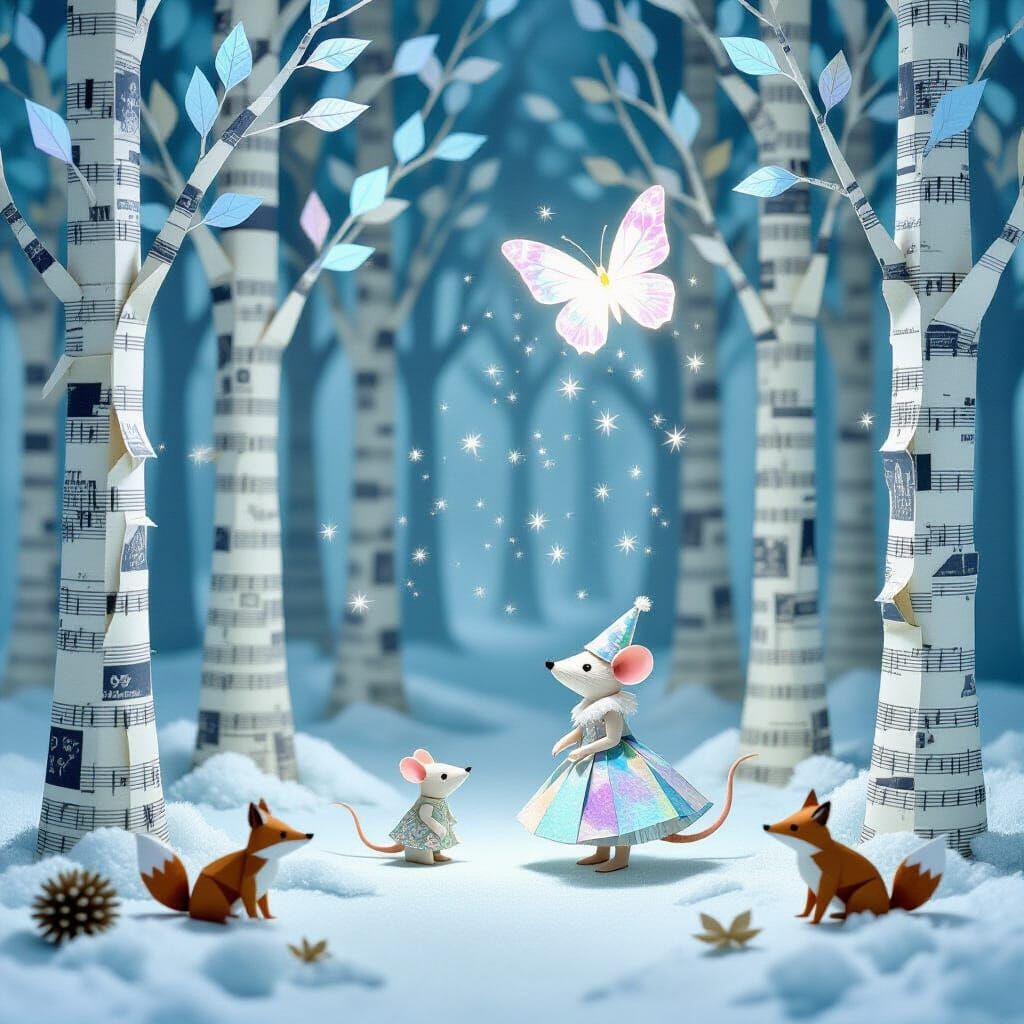 Magical Paper Forest Winter Night Scene