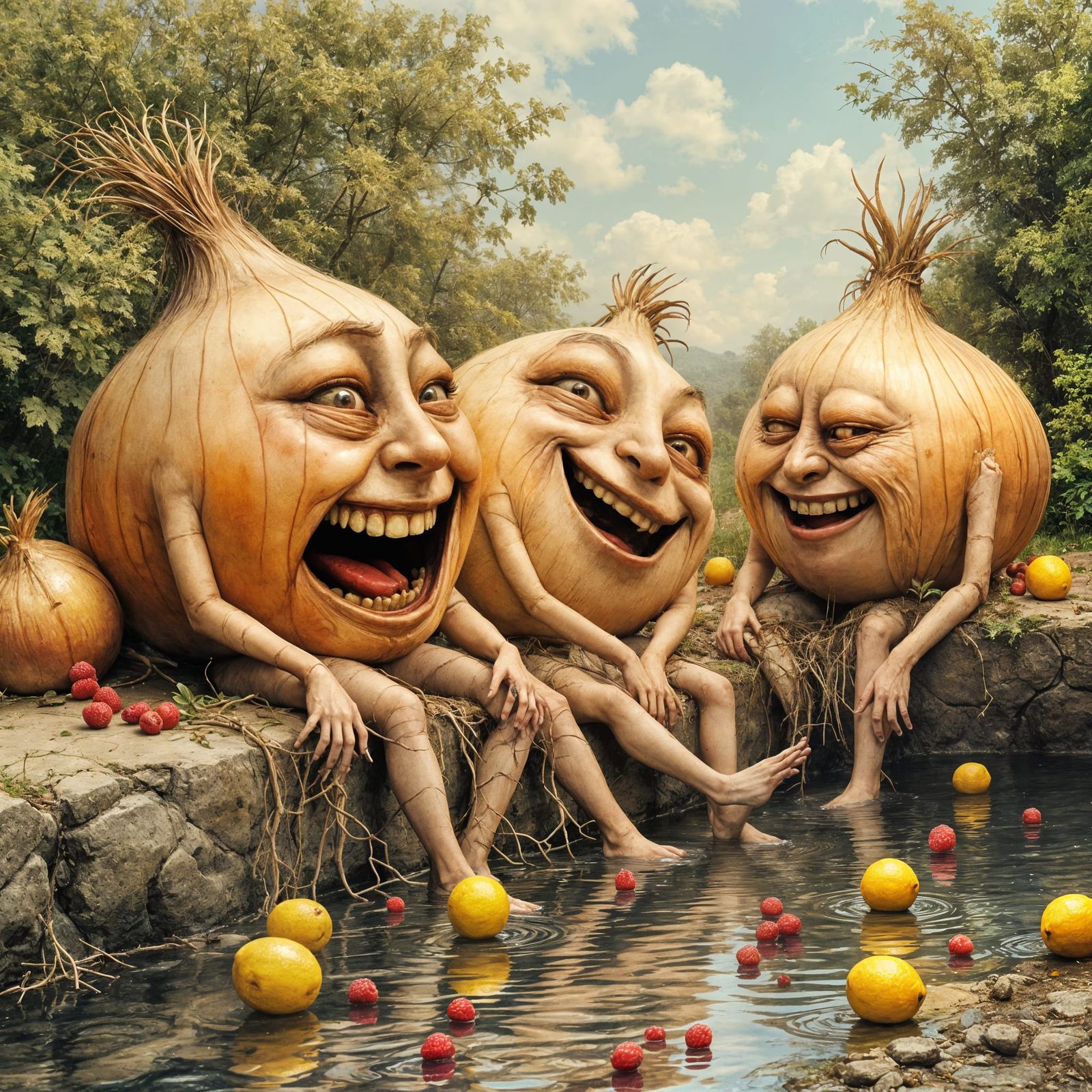 Anthropomorphic Onions Find Joy in the Countryside