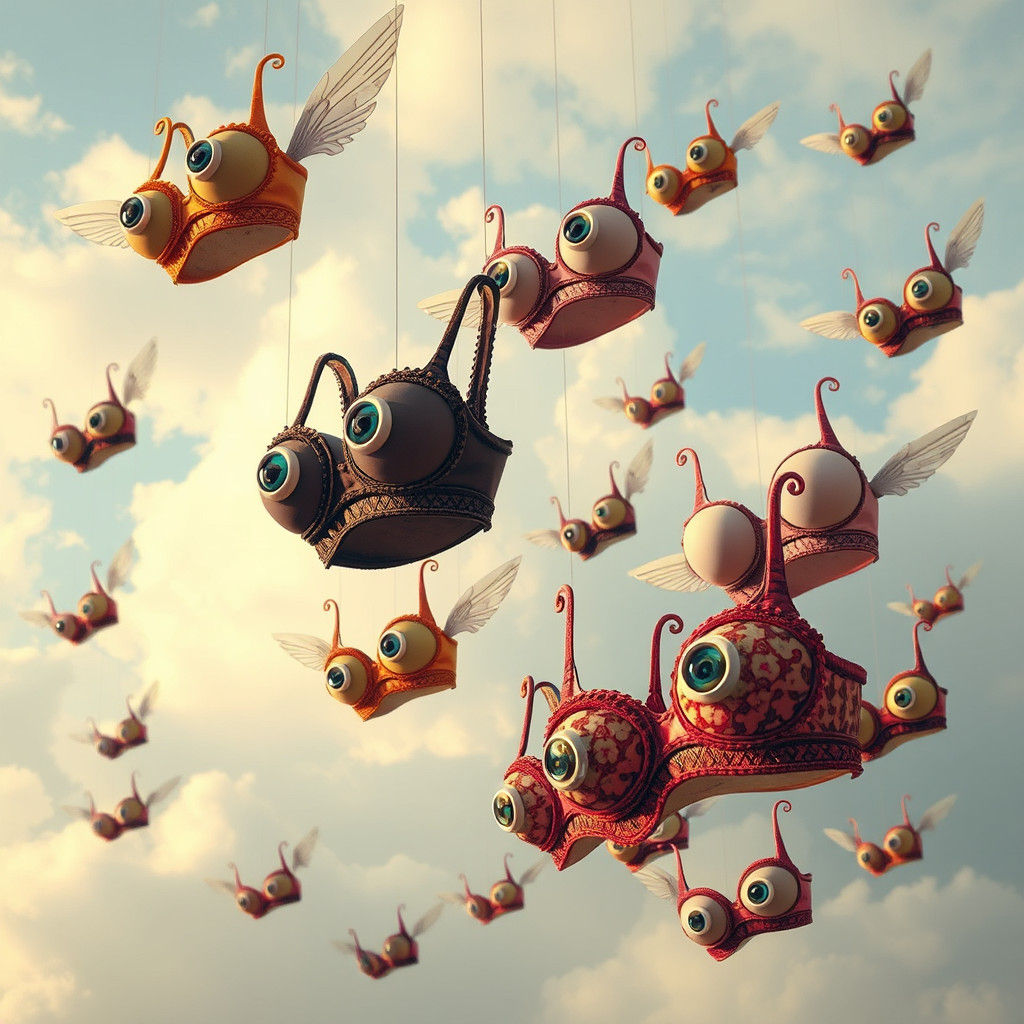Surreal Flying Bras in Dreamlike Sky