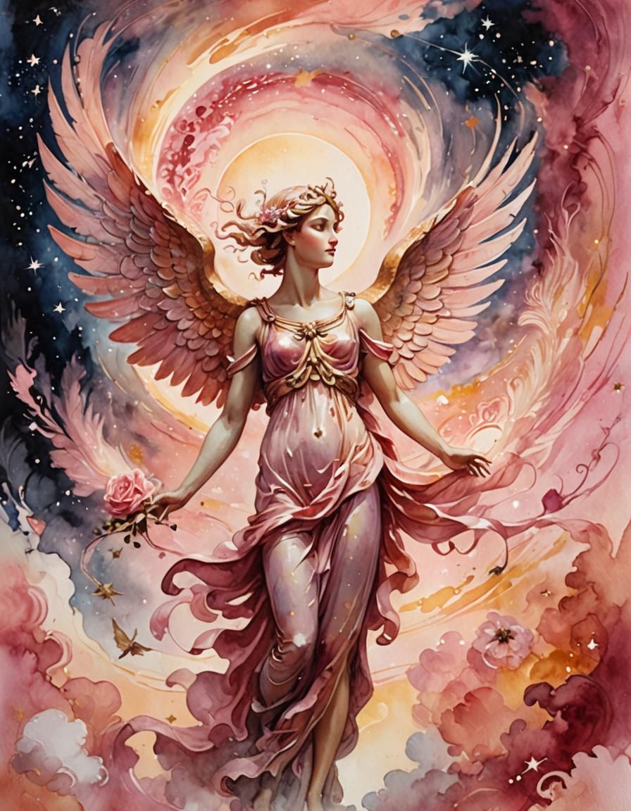 Eros in a Pink Universe: Watercolor Illustration