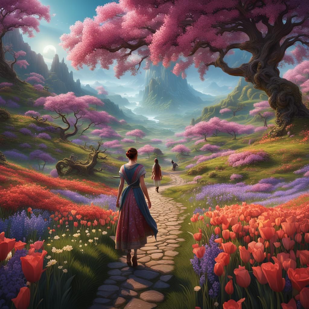 Springtime Valley with Women: Detailed Matte Painting