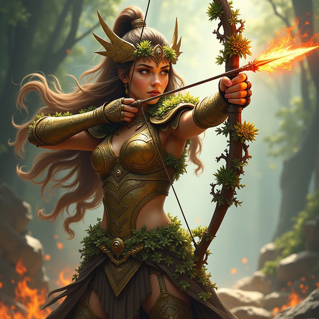 bow and arrow, fire, warrior princess, armor, ready for batt...