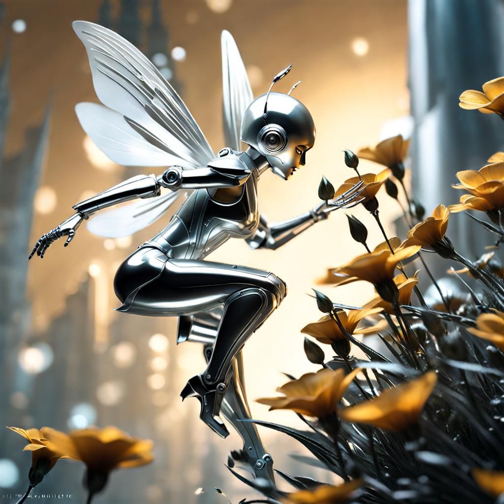Silver Robot Fairy Touches Metal Flower