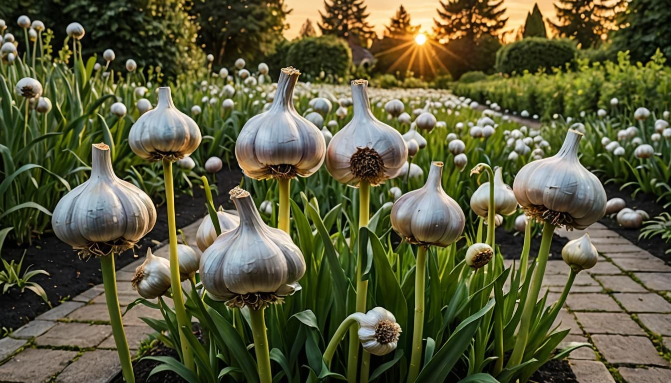 Giant Garlic Plants at Sunset: Photorealistic Digital Art