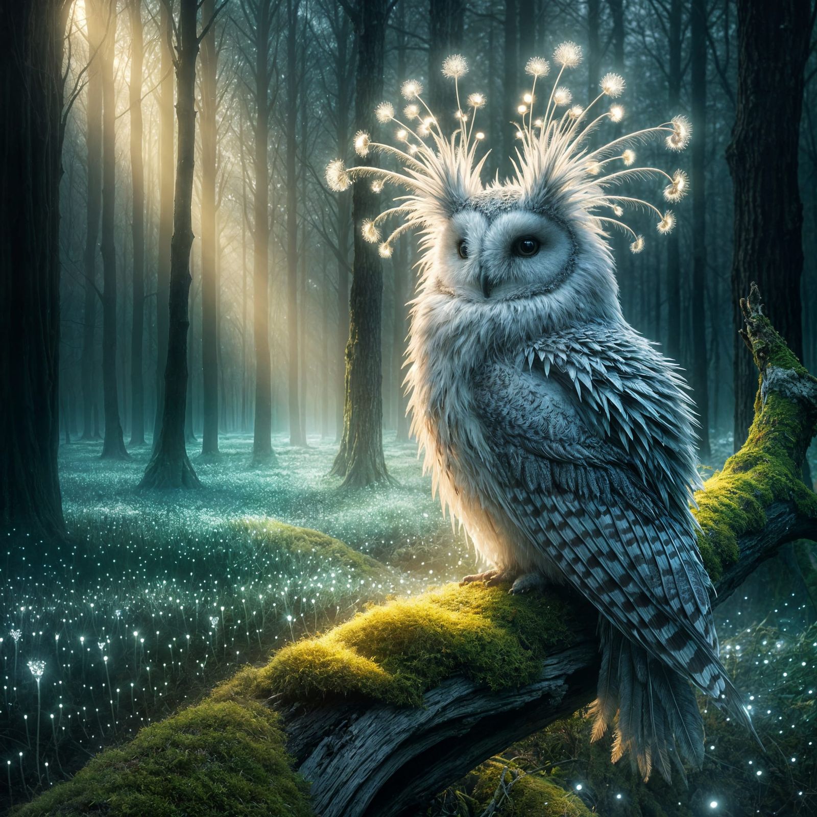 Regal Owl with Crown-like Tuffs in Enchanted Forest