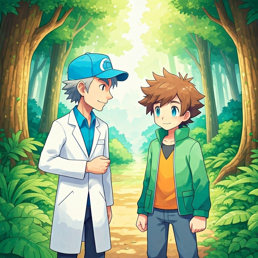 Pokémon Trainer Meets Professor Oak in Watercolor Forest