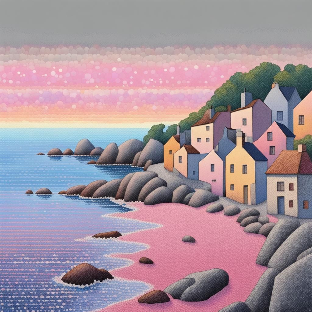 Seaside Village at Sunset in Pointillist Comic Style