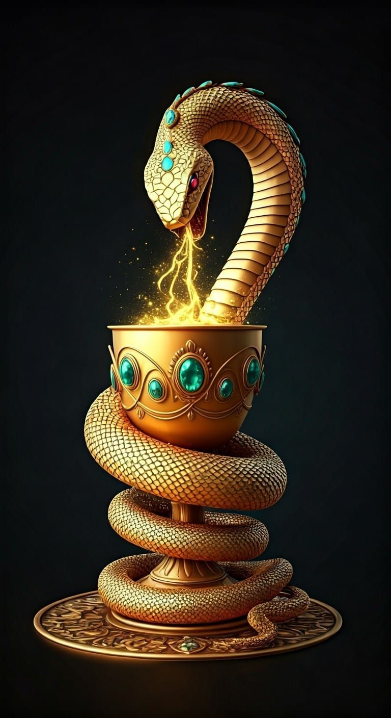 Gemstone Snake Coiled Around Golden Chalice