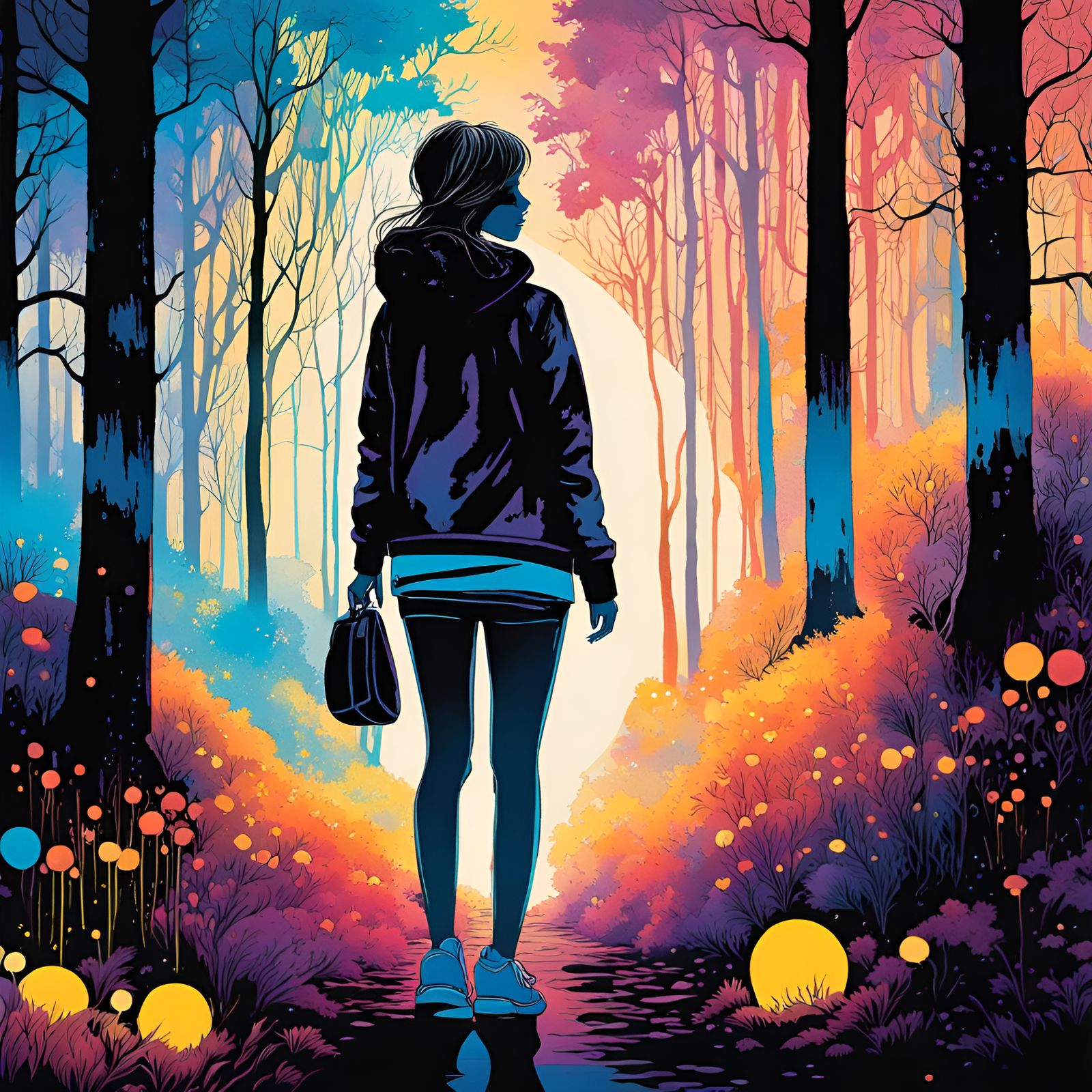 Neon Watercolor Girl in Moonlit Forest