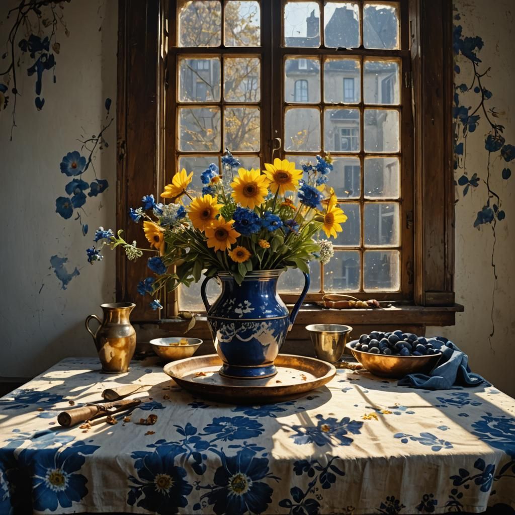 Dried Flowers on Butcher Table: Hyperrealist Painting