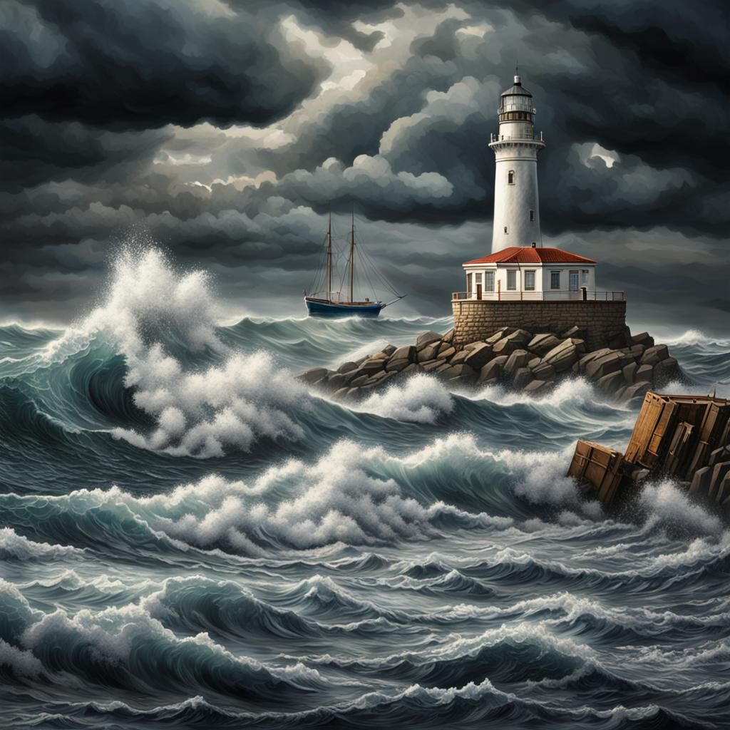 Hyperrealistic Stormy Sea with Lighthouse and Boat