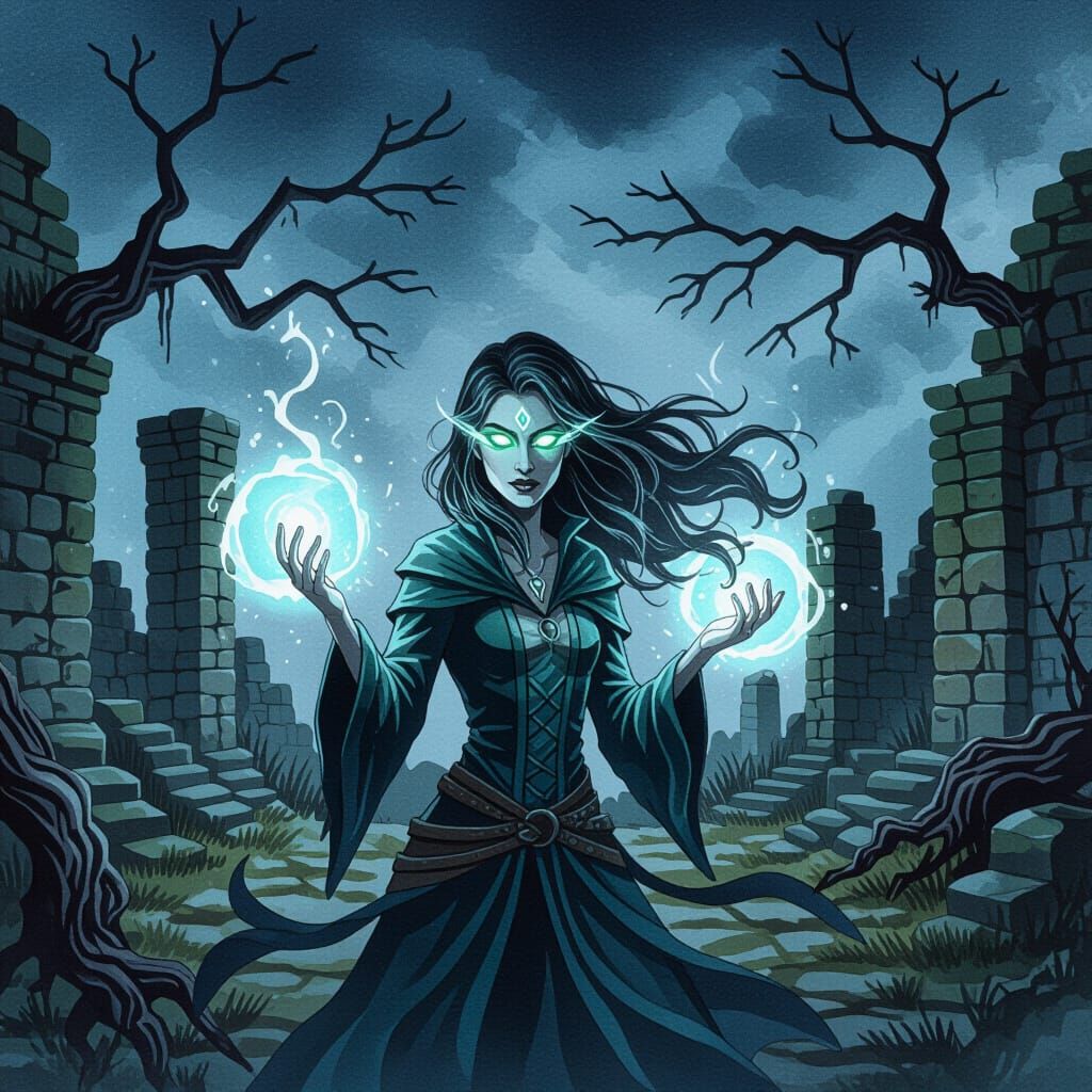 Sorceress Conjuring Magic in Ancient Ruin