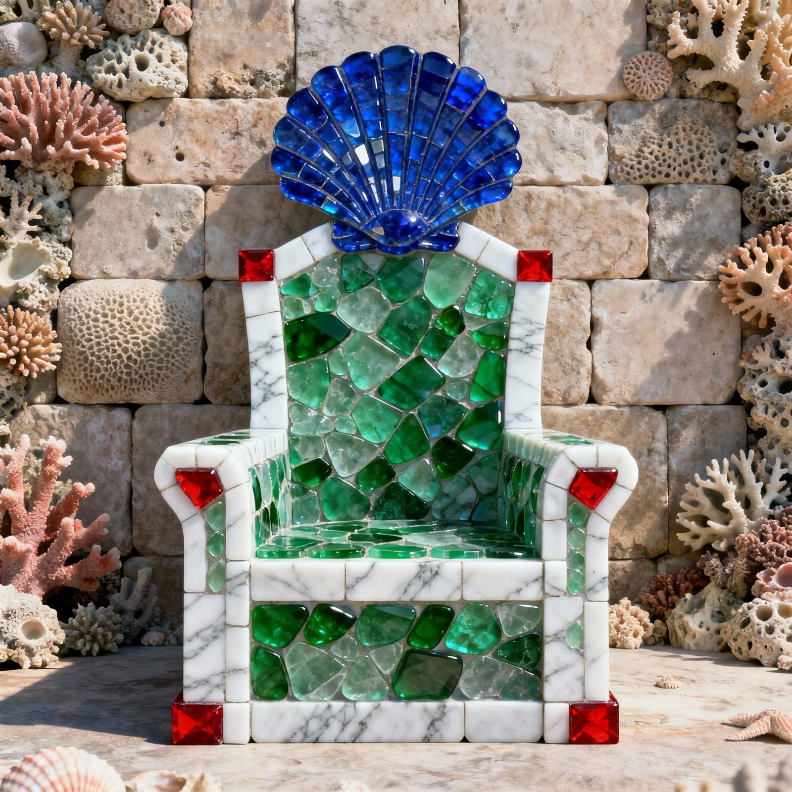 Ornate Sea Glass Throne With Scallop Shell Back