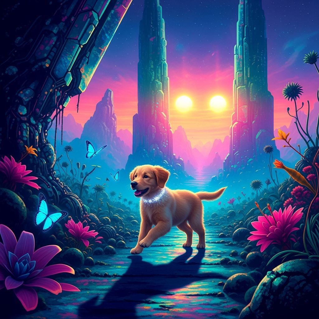 Golden Retriever Puppy's Alien Adventure: A Matte Painting