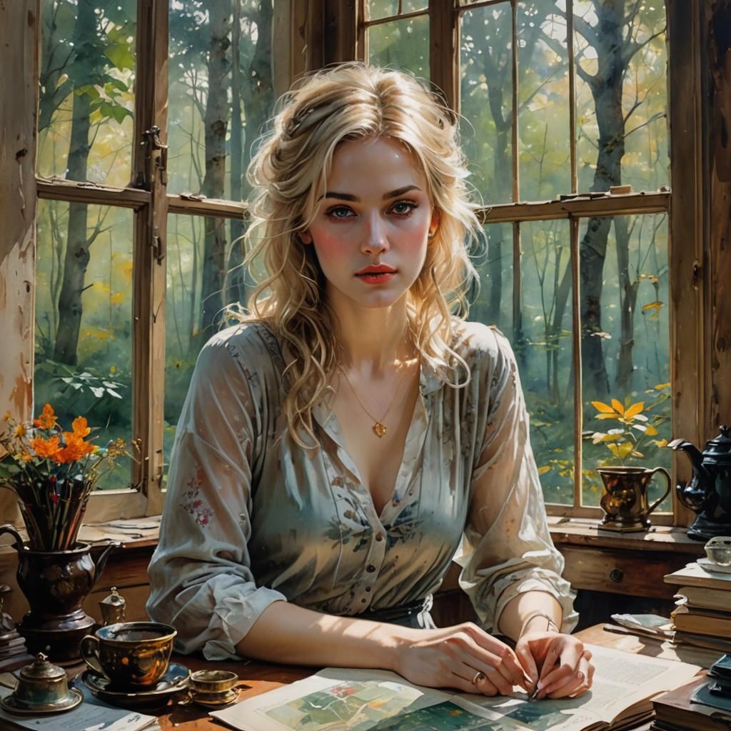 Woman at Antique Desk with Forest View