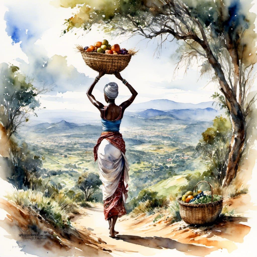 Kenyan Woman Balancing Basket: Watercolor Style