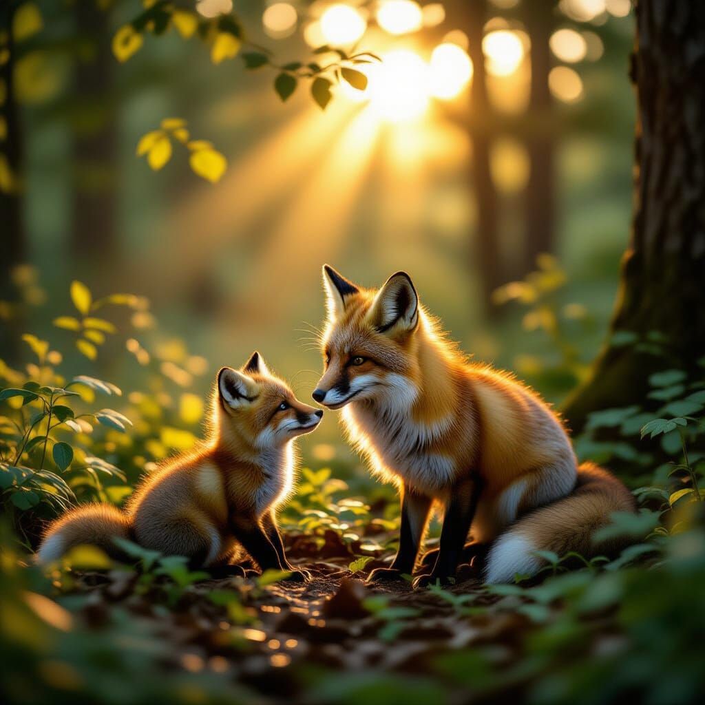 Nurturing Mother Fox Tends Cub in Golden Hour Forest