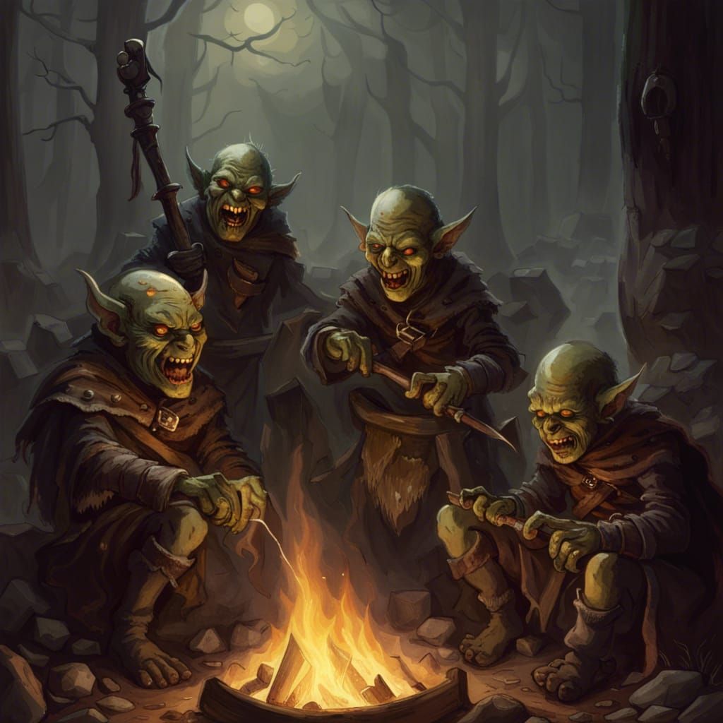 Goblin Warriors Cooking at Campfire, Horror Illustration