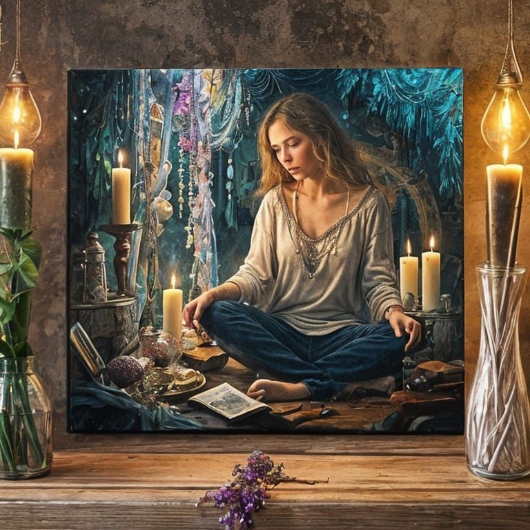 Intricate Oil Painting of Hippy Surrounded by Crystals