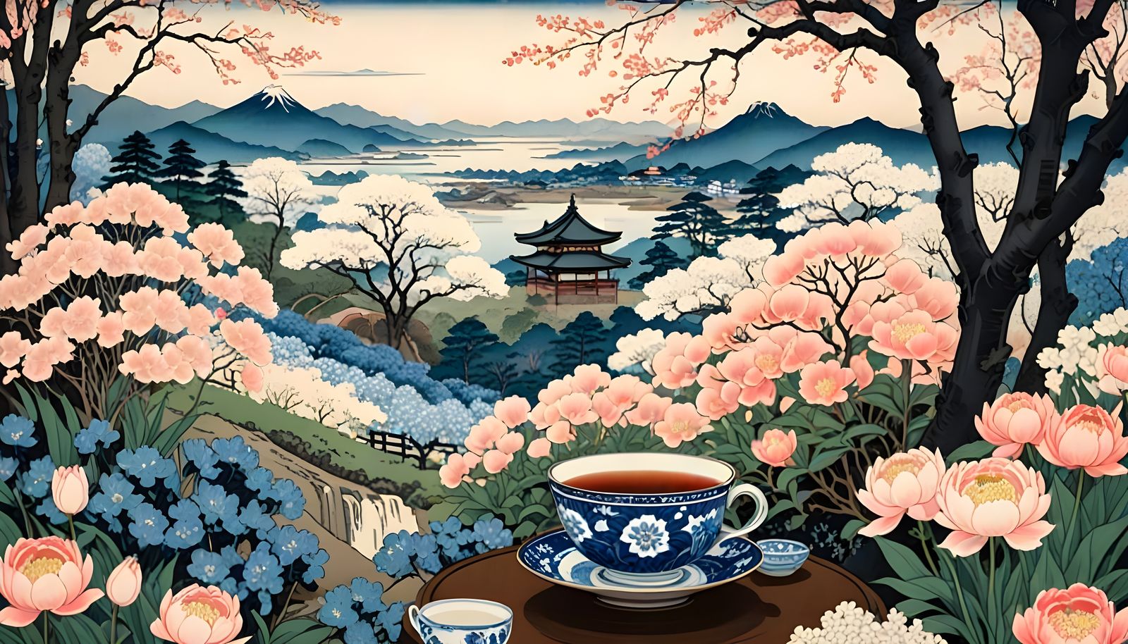 Lush Japanese Landscape with Vibrant Sakura and Plum Blossom...