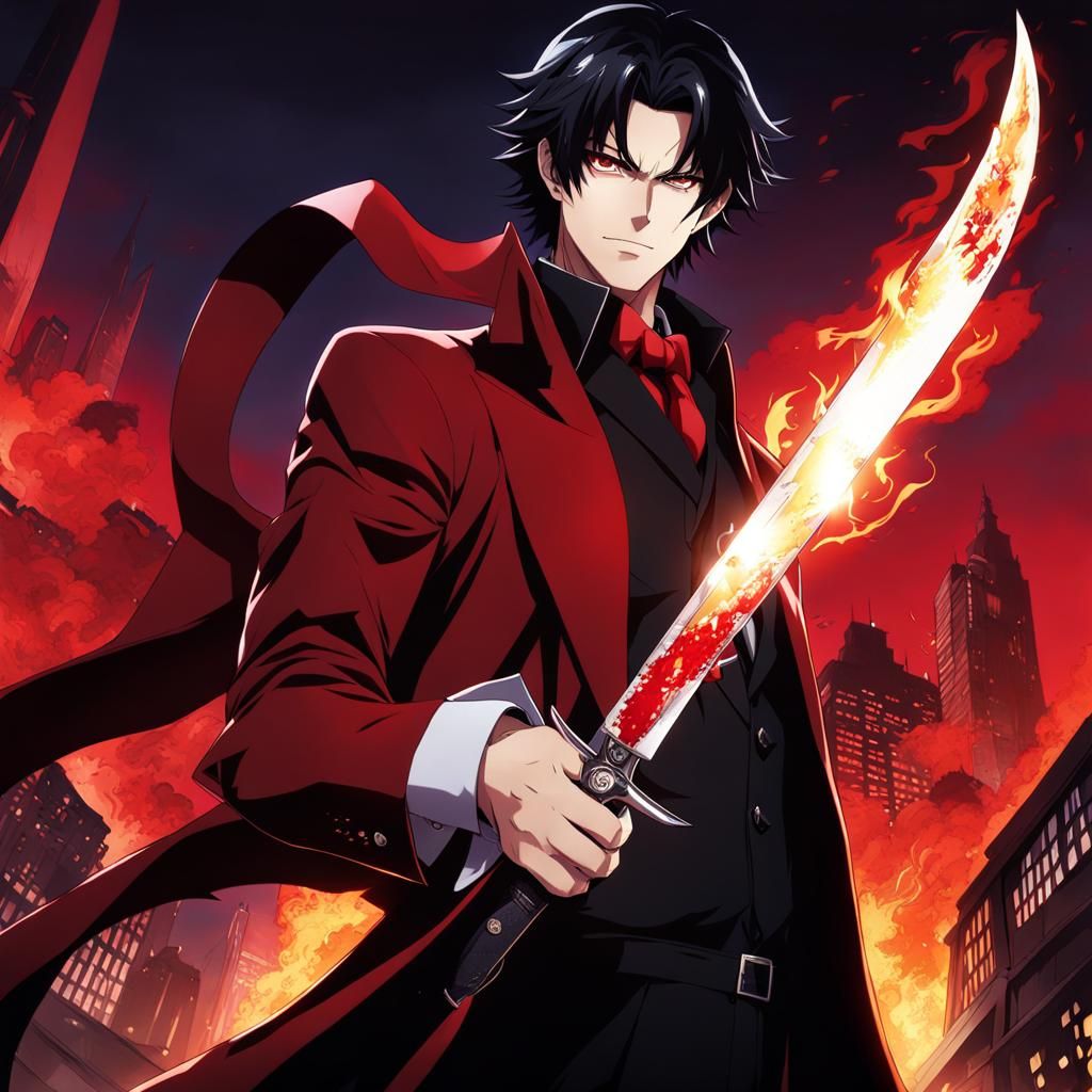 Man with Oni Mask and Bloody Knife: Anime Style