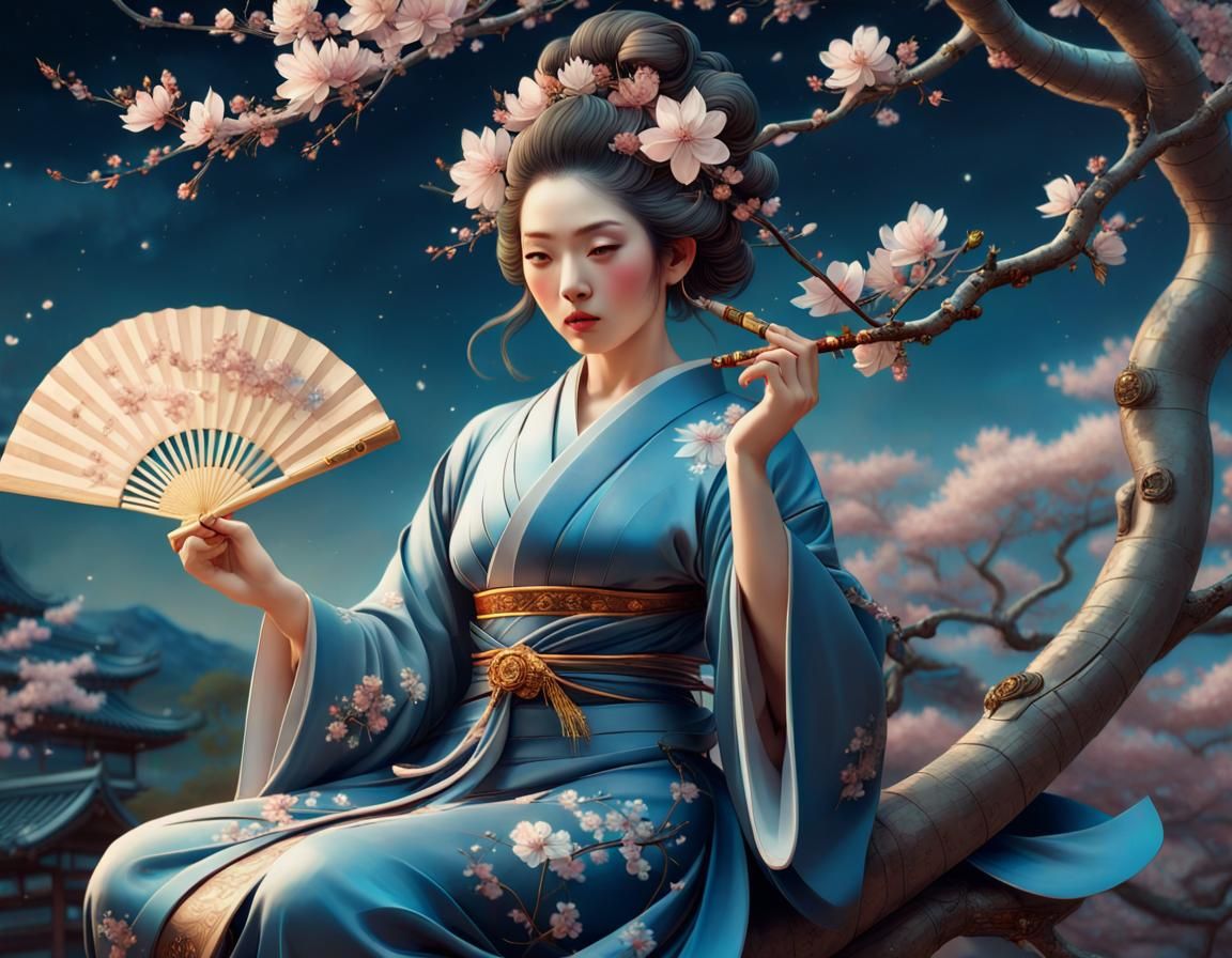 Japanese Goddess with Fan, Fantasy Digital Art