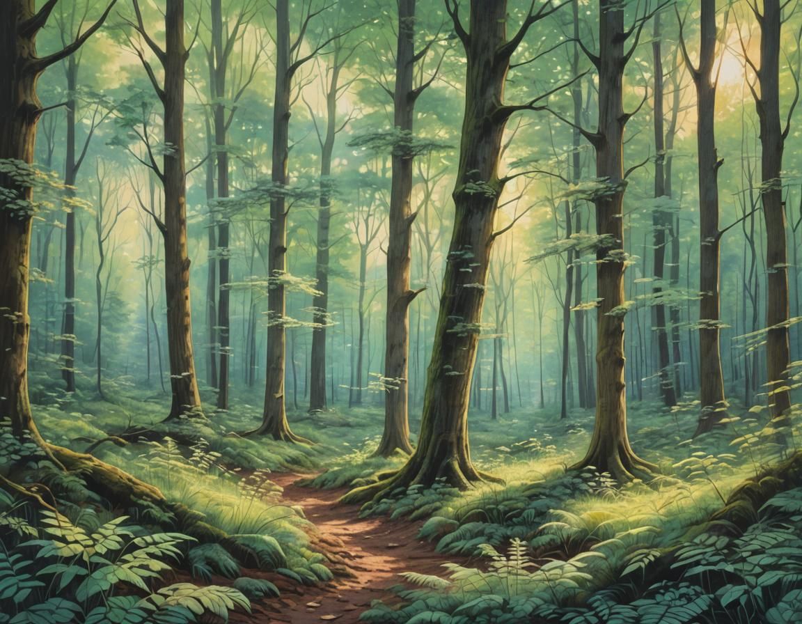 Luminous Enchanted Forest Pastel Drawing