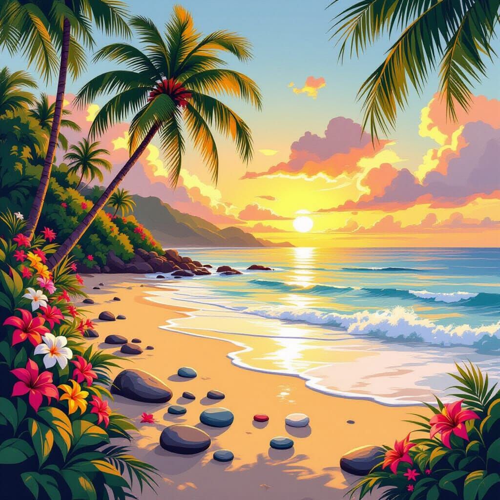 Tropical Sunrise Beach with Exotic Flora in Digital Art Styl...