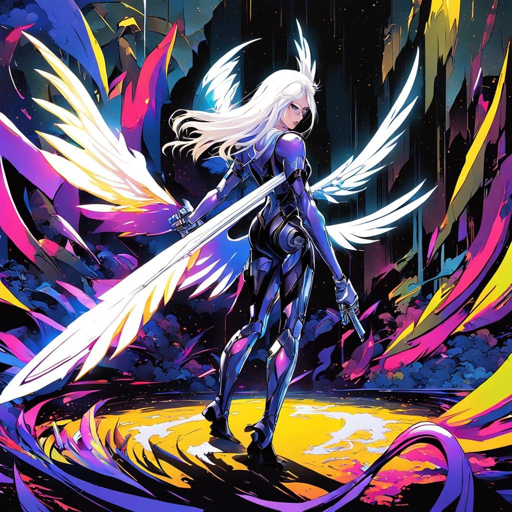 Cybernetic Goddess of Light in Chrome Armor with Wings, Hold...