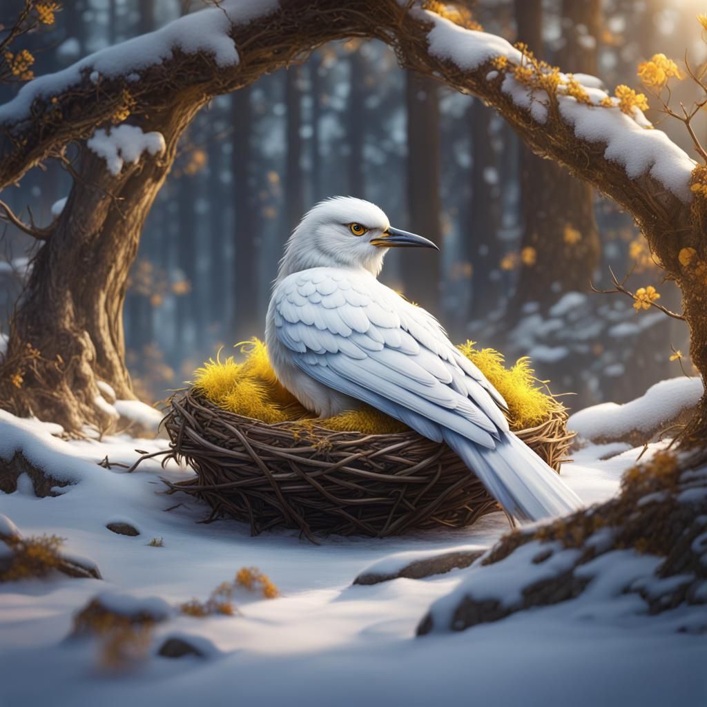 Snow-White Bird in Cold Landscape: Fantasy Concept Art
