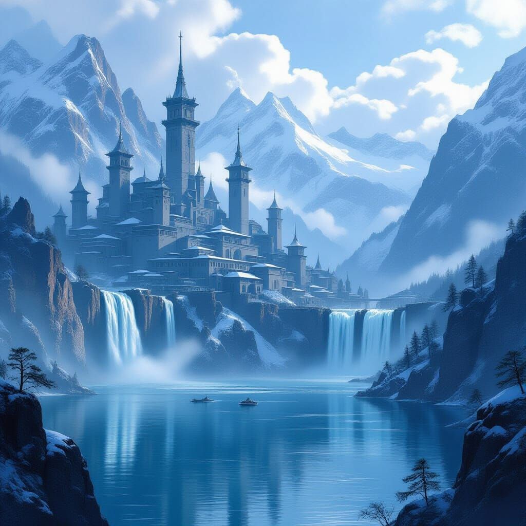 Misty Mountain Cityscape with Ancient Towers