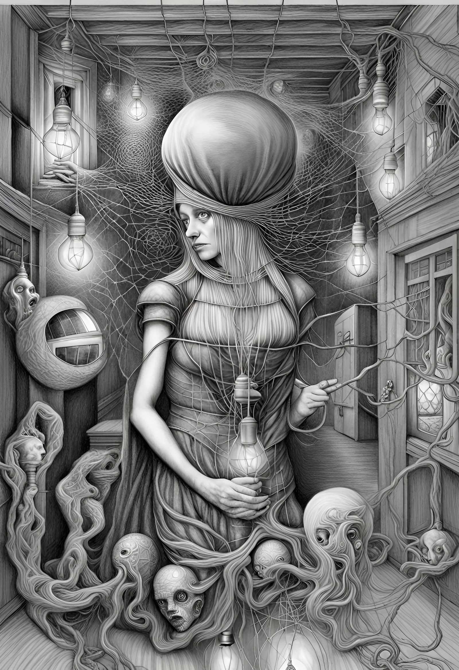 Surreal Stitched Face in Hallway, Pencil Drawing