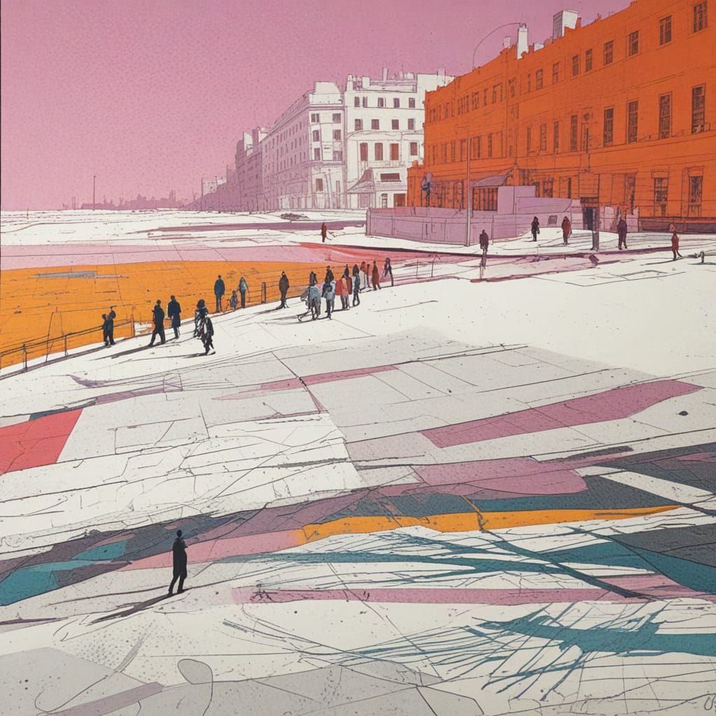 Vibrant Urban Sketch in Halftone Silkscreen Style