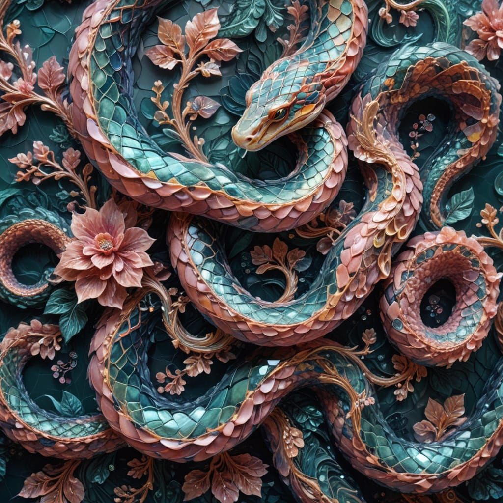 Vibrant Impasto Artwork Featuring an Ornate Fractal Snake