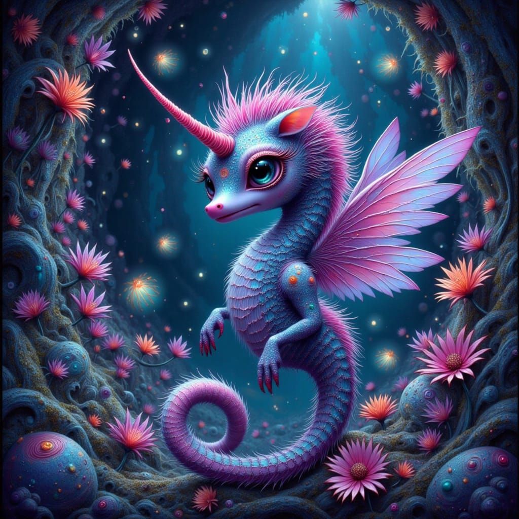 Winged Seahorse in Crystal Cave with Bioluminescent Flora