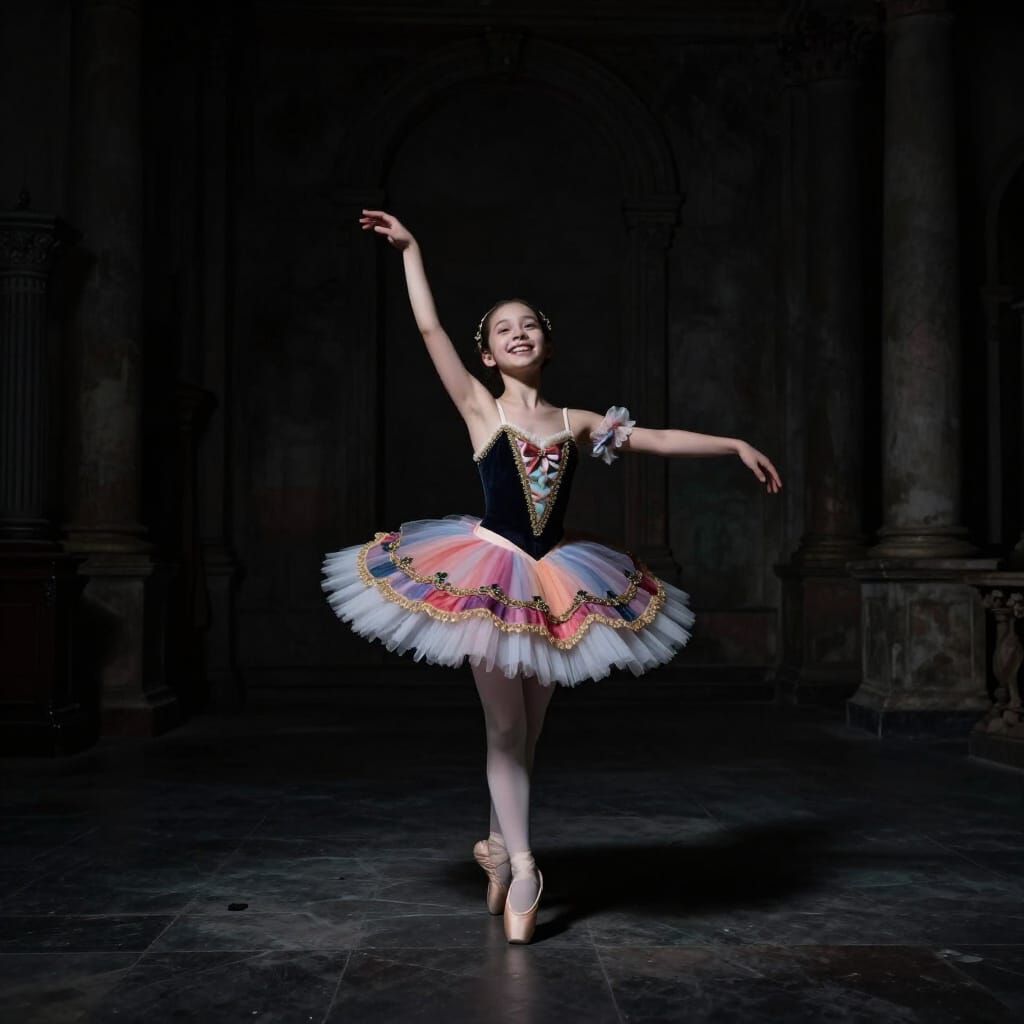 Joyful Dancer in Spotlight Against Gloomy Hall