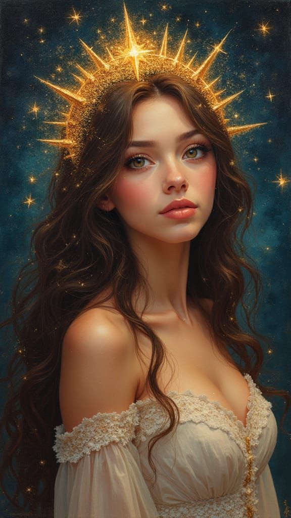 Woman with Star Crown in Acrylic Oil Anime Style