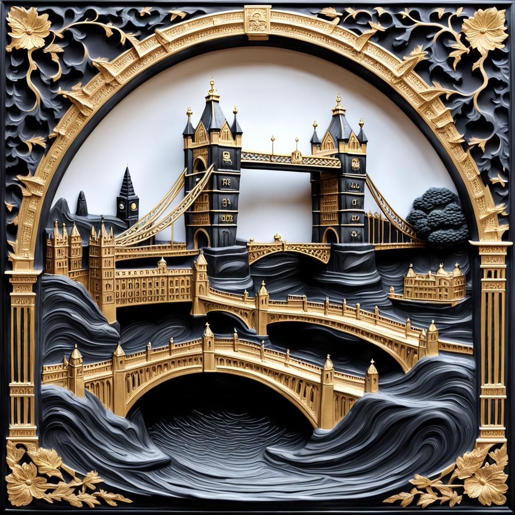 London Scene Carved in Black Marble Bas-Relief