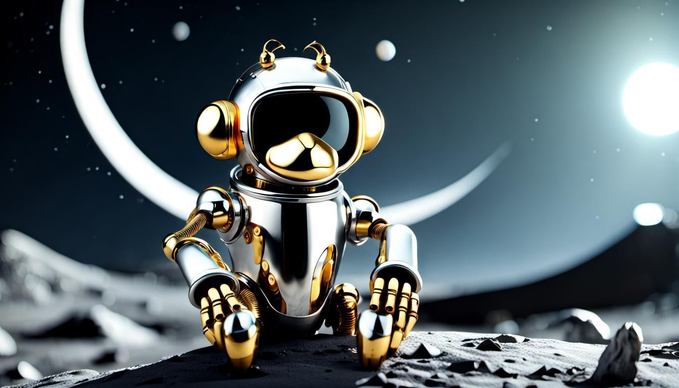 Robot Monkey on the Moon in Chrome and Gold
