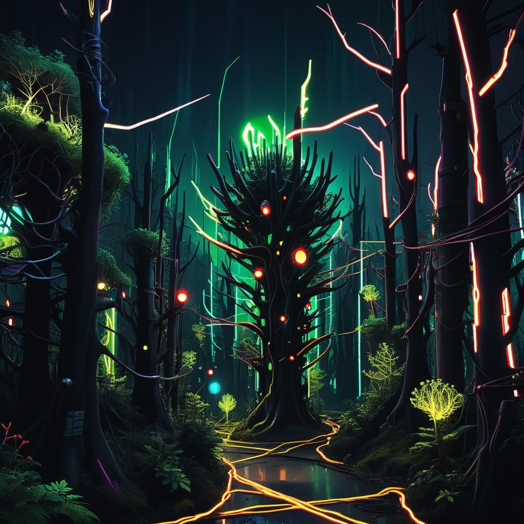 Surreal Teslapunk City Forest at Night