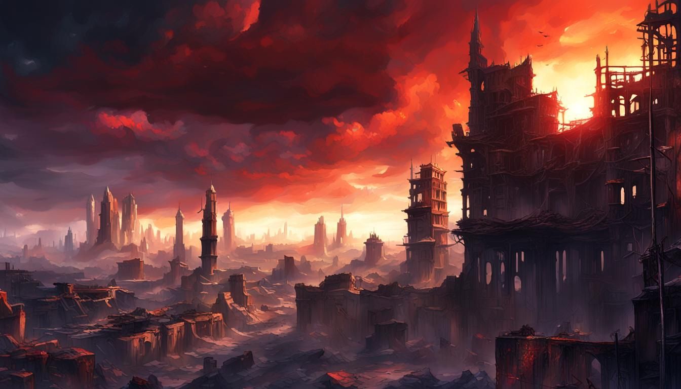 War-Torn Cityscape in a Cinematic Fantasy Style