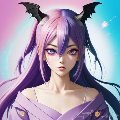 Purple-Haired Demon in Manga Style with Bat Wings