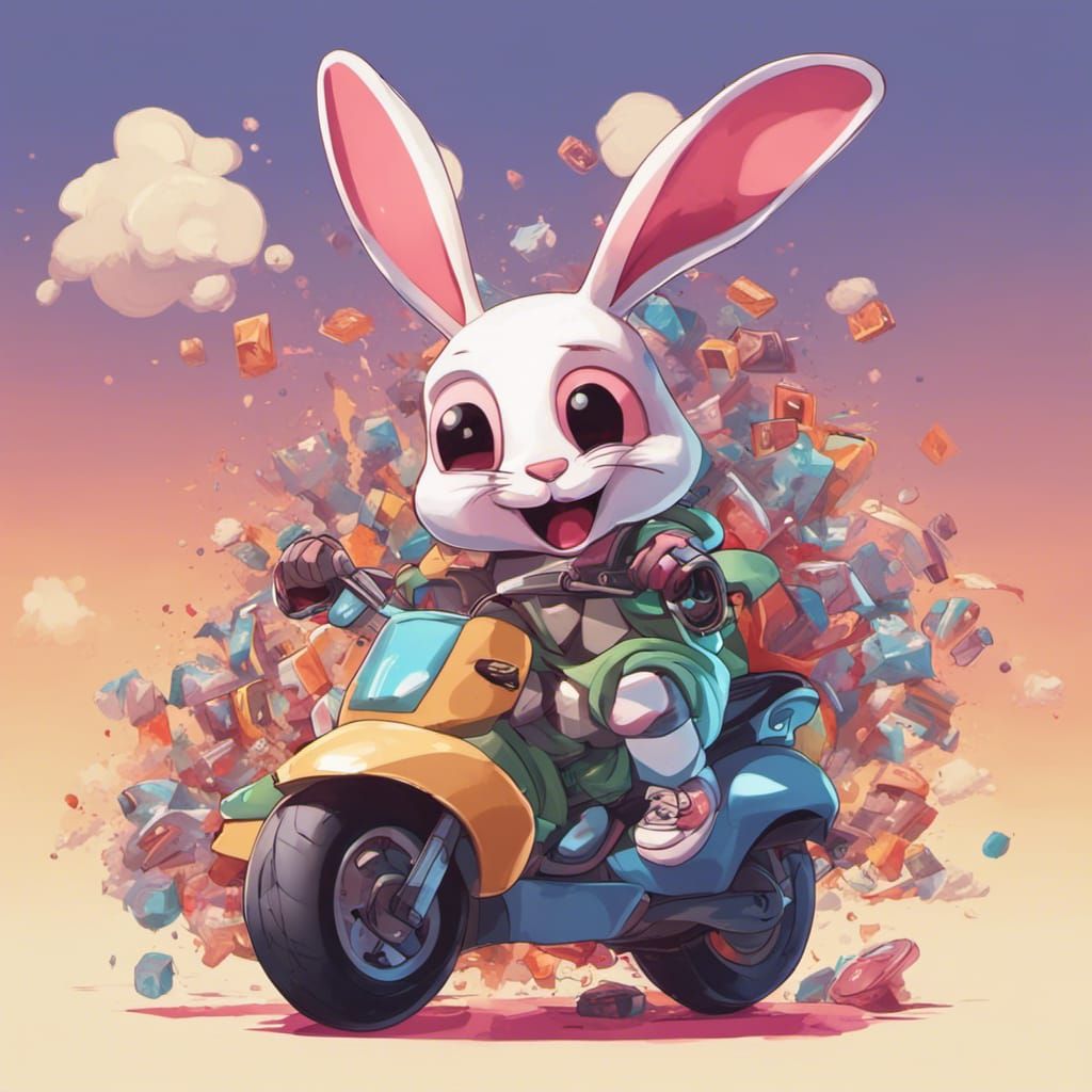 Hip-Hop Bunny Rapper in Fantasy City, Pixar Style