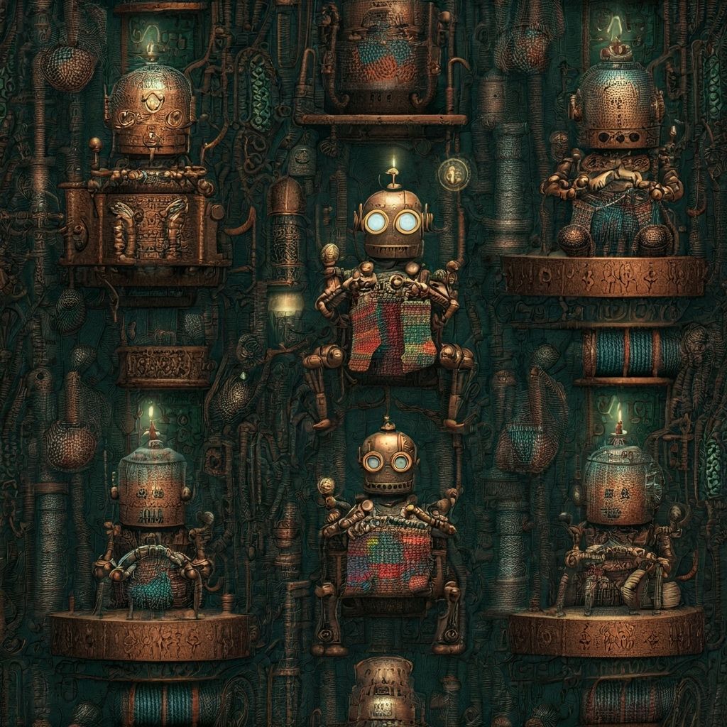 Steampunk Robots Assembling Socks in Whimsical Factory