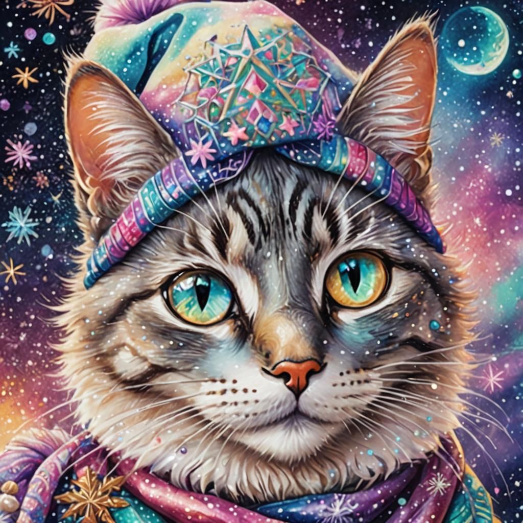 Ethereal Christmas Cat Girl in Vibrant Astral Colors