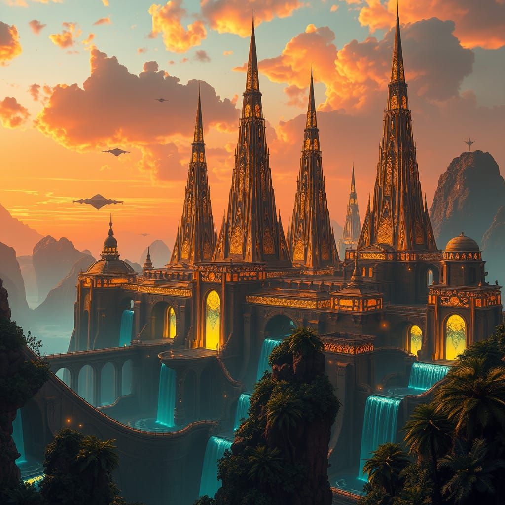 Golden Atlantis: Futuristic Fantasy Cityscape